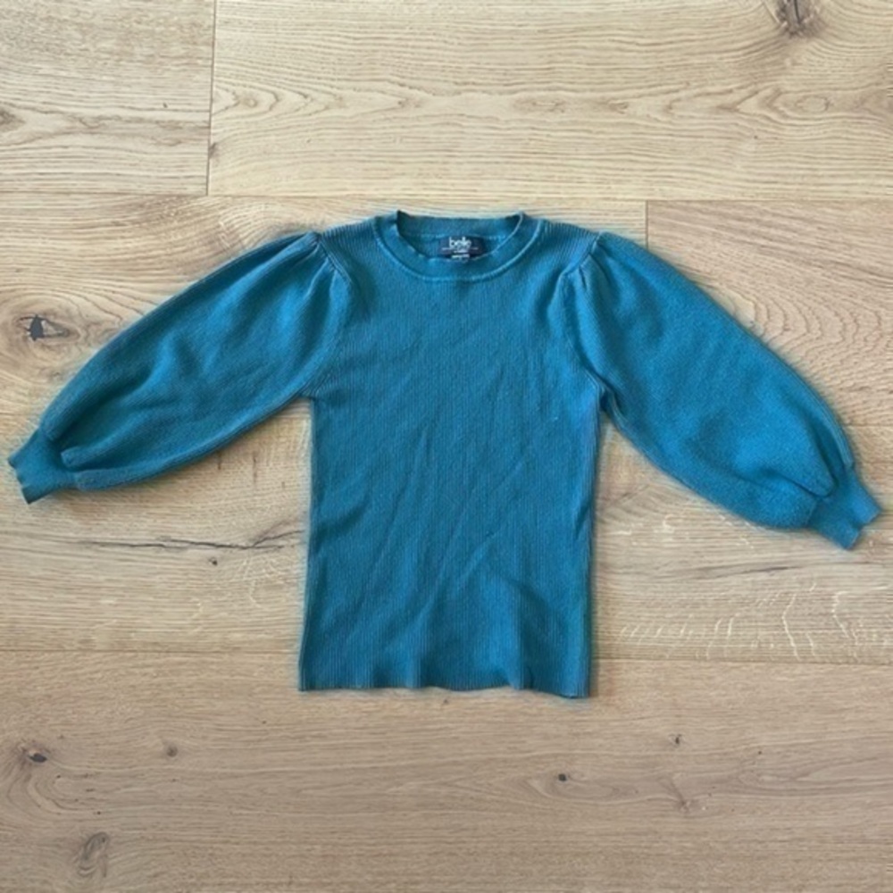 Belldini Women’s Small Ribbed Puff Sleeve Knit Sweater Teal Green Top